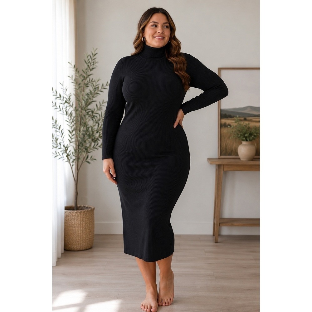 Black Ribbed Knit Turtleneck Midi Sweater Dress XL NWT